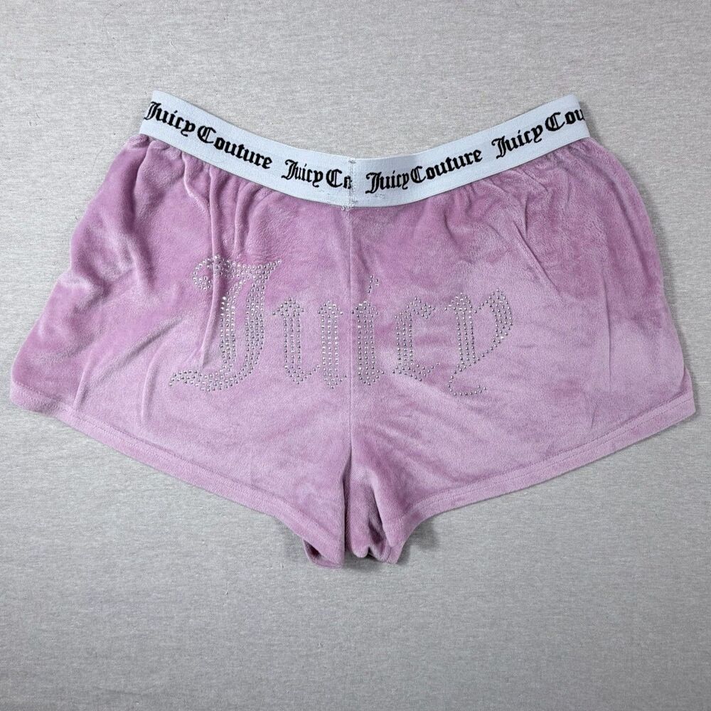 JUICY Rhinestone Medium Shorts Pink Y2K Sleepwear Velvet Soft Summer Casual Sexy